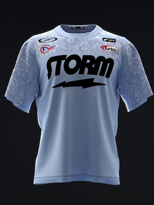 Light blue bowling jersey with Storm logo and paisley pattern sleeves, front view