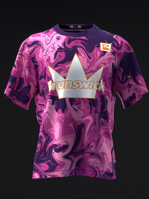 Front view of purple swirled bowling jersey with white crown logo and Brunswick text