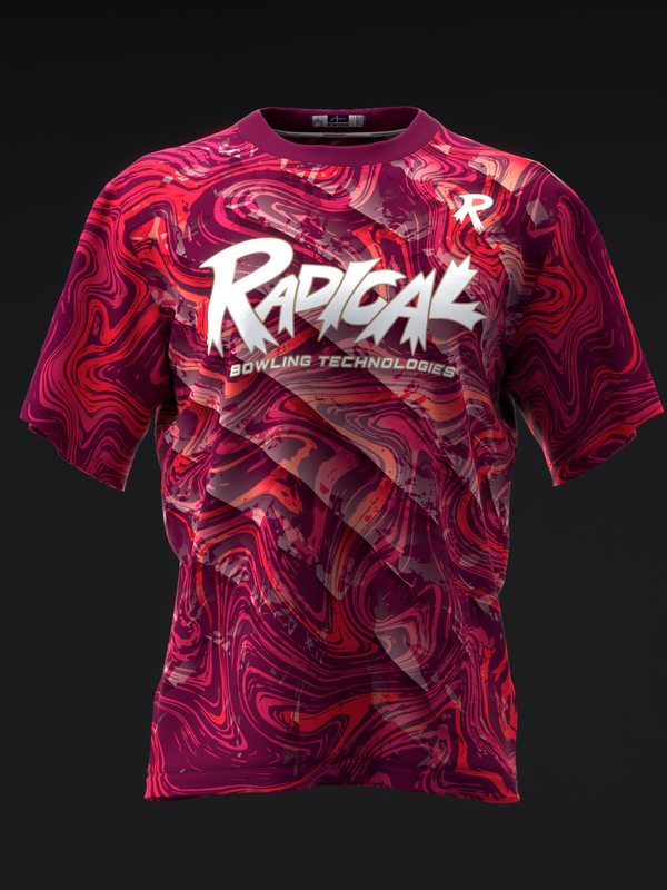 Radical bowling jersey front view with red swirl pattern and white logo text