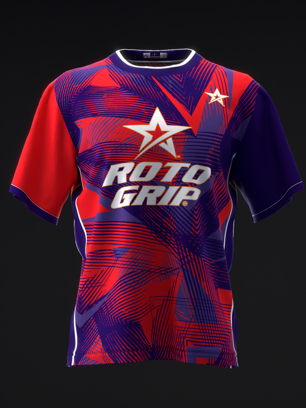 Red and blue bowling jersey with geometric pattern and Roto Grip logo, front view