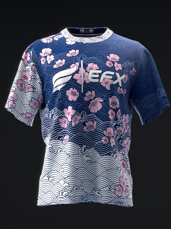 Navy bowling jersey with pink floral and wave pattern design, front view