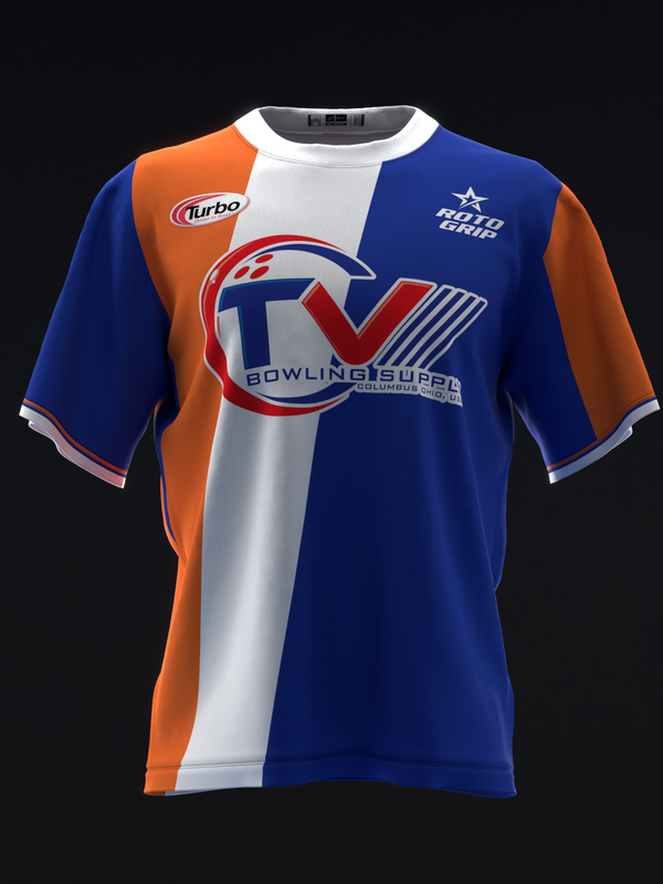 Front view of bowling jersey with blue, orange, and white vertical stripes and graphic logo