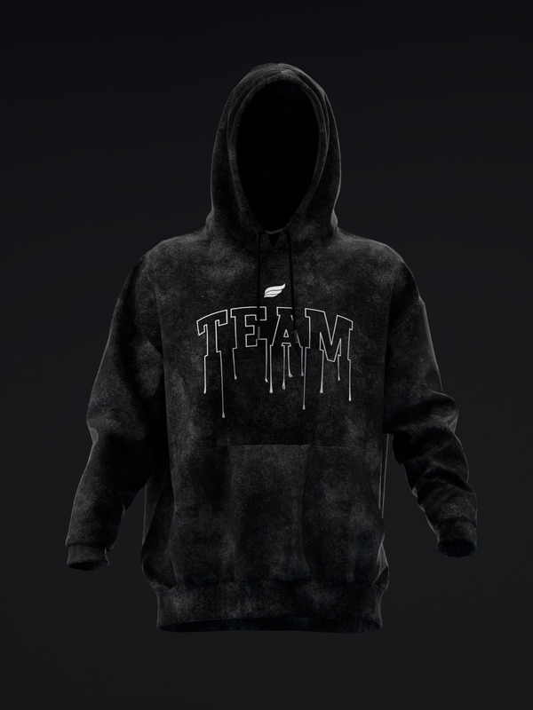 Black distressed hoodie with outlined Team text and dripping graphic design, front view