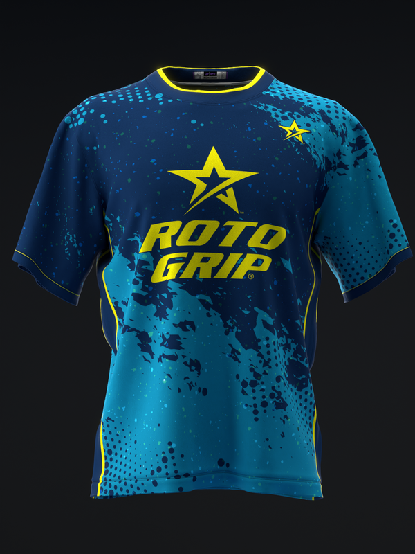 Blue bowling jersey with yellow star logo and Roto Grip text, front view