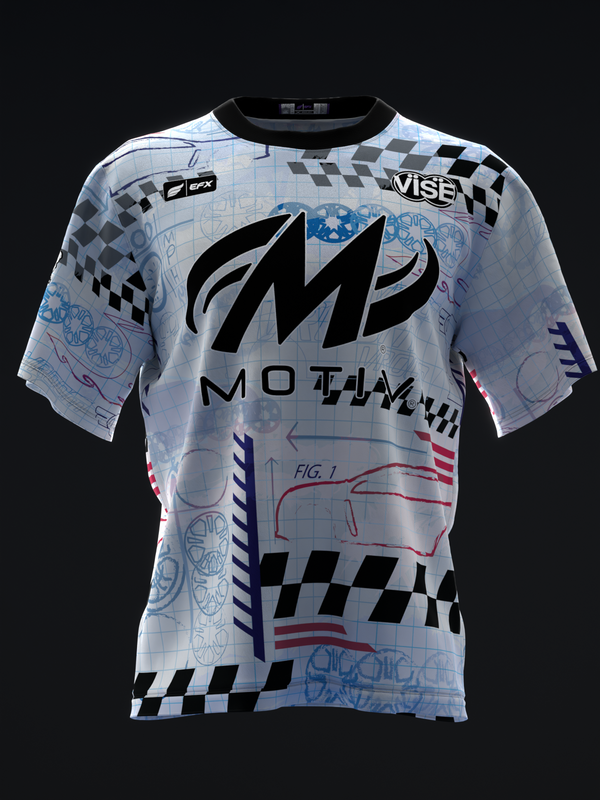 White bowling jersey with black checkered pattern and technical sketch graphics