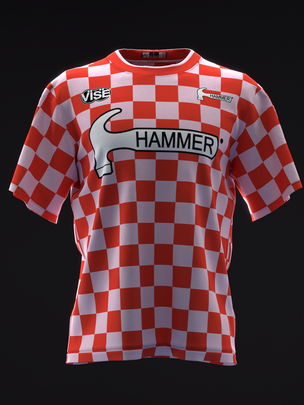 Red and white checkerboard bowling jersey with Hammer logo and Vise branding, front view