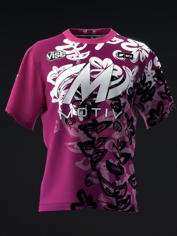 Magenta bowling jersey with white and black floral airbrushed graphic design, front view