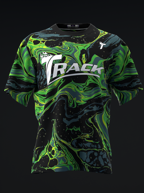 Black bowling jersey with neon green and teal swirled pattern, white Track logo