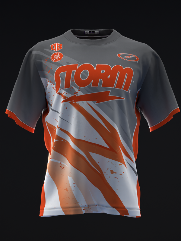 Gray and orange bowling jersey with Storm branding and lightning bolt graphic design, front view