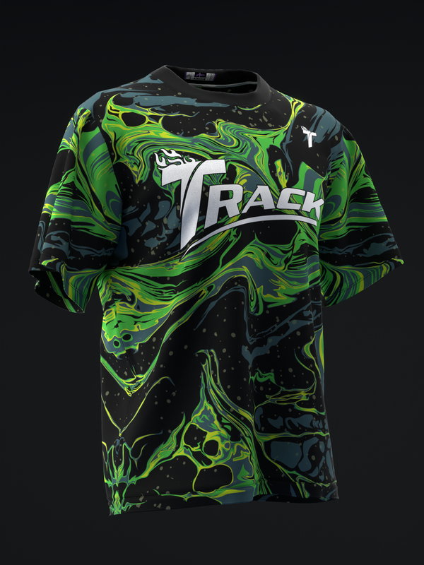 Black and neon green marbled bowling jersey with white Track logo front view