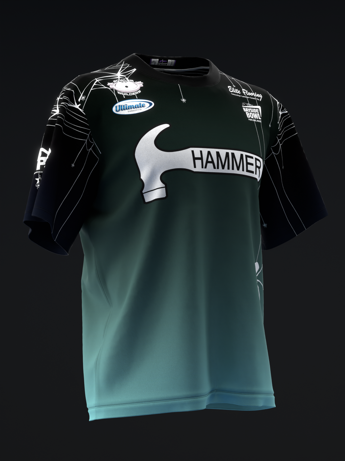 Teal and black bowling jersey with hammer logo and Ultimate branding on front