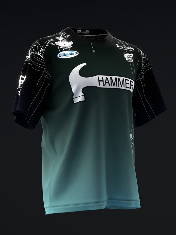 Teal and black bowling jersey with hammer logo and Ultimate branding on front