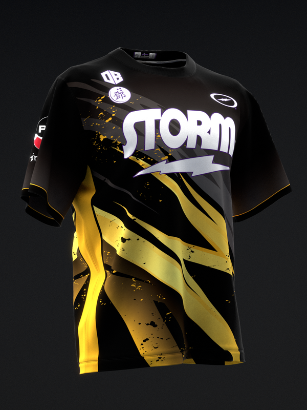 Black bowling jersey with yellow lightning bolt design and white Storm text