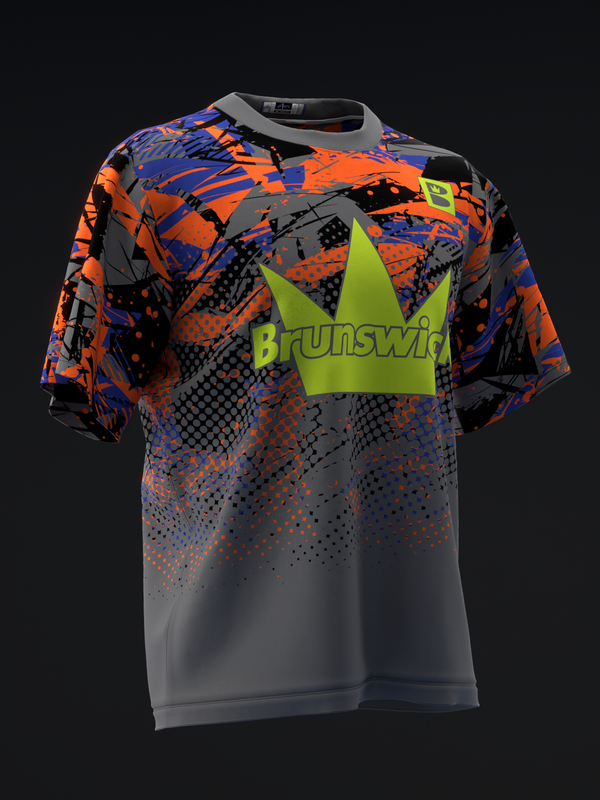 Brunswick bowling jersey with orange, blue, and lime geometric pattern front view