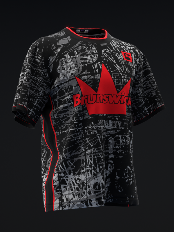 Black and red bowling jersey with abstract grunge pattern and Brunswick crown logo, front view