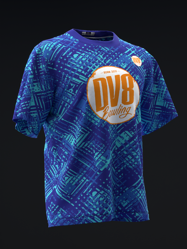 Blue bowling jersey with cyan geometric pattern and orange DV8 logo, front view