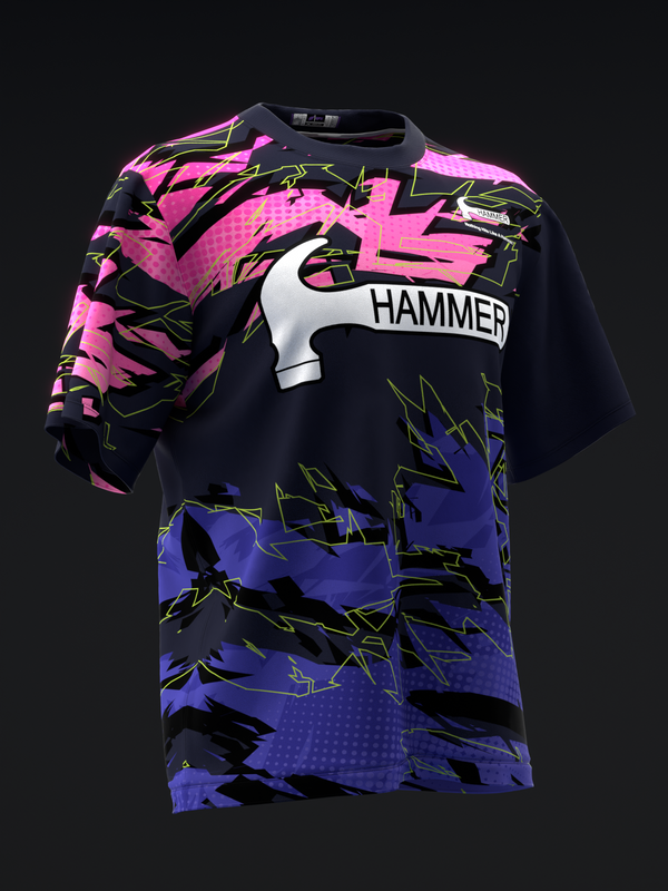 Black bowling jersey with pink and blue gradient, geometric lightning design, and Hammer logo
