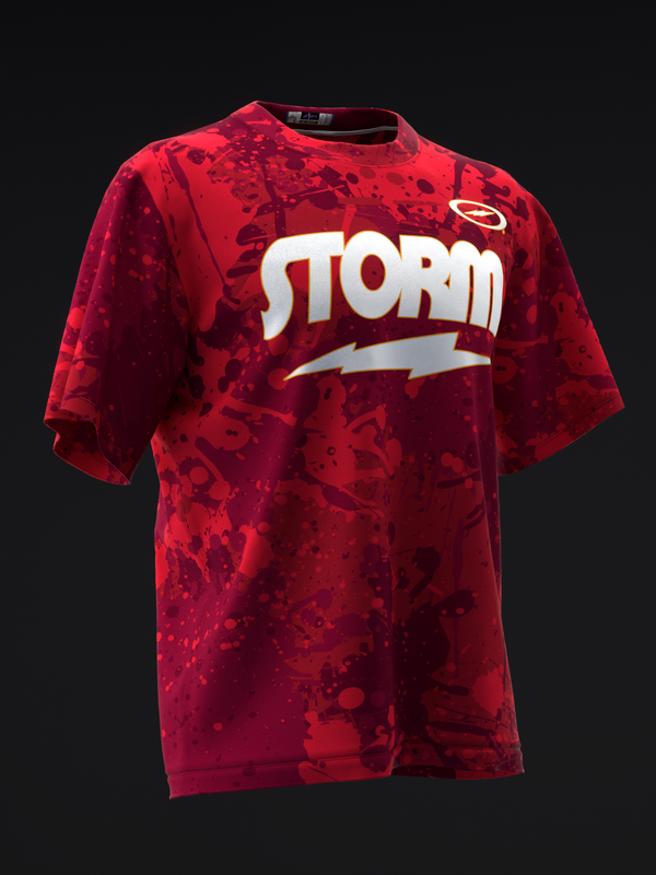 Red tie-dye bowling jersey with white Storm logo and lightning bolt graphic