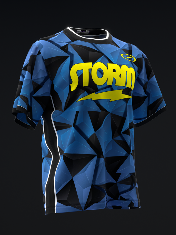 Front view of blue and black geometric bowling jersey with yellow Storm text and lightning graphic