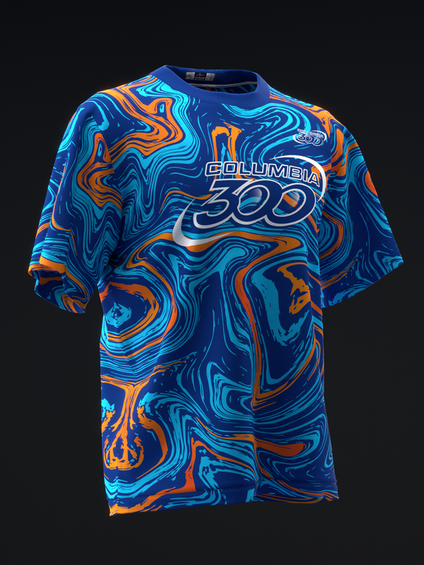Blue bowling jersey with swirled orange and cyan pattern and Columbia 300 text
