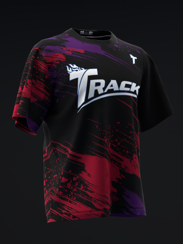 Black bowling jersey with red and purple abstract brushstroke pattern and Track logo