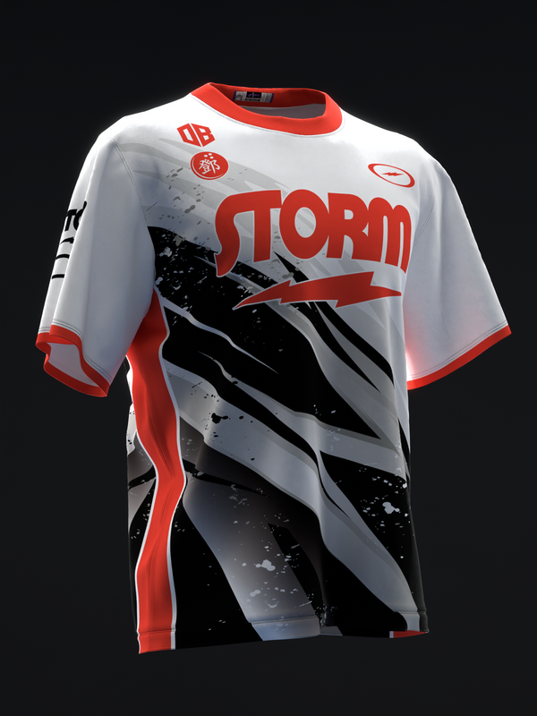 White, red and black bowling jersey with diagonal storm graphic design