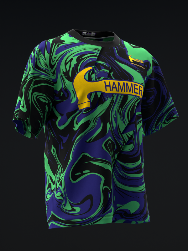 Bowling jersey with neon green, navy, and black swirled pattern, yellow hammer graphic