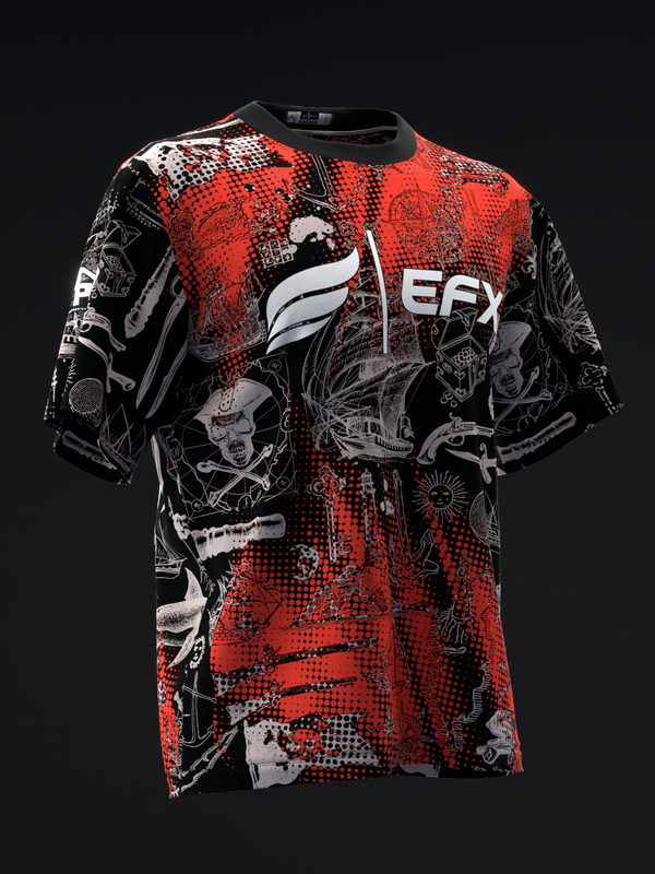 Red and black bowling jersey with abstract graphic and dotted pattern design
