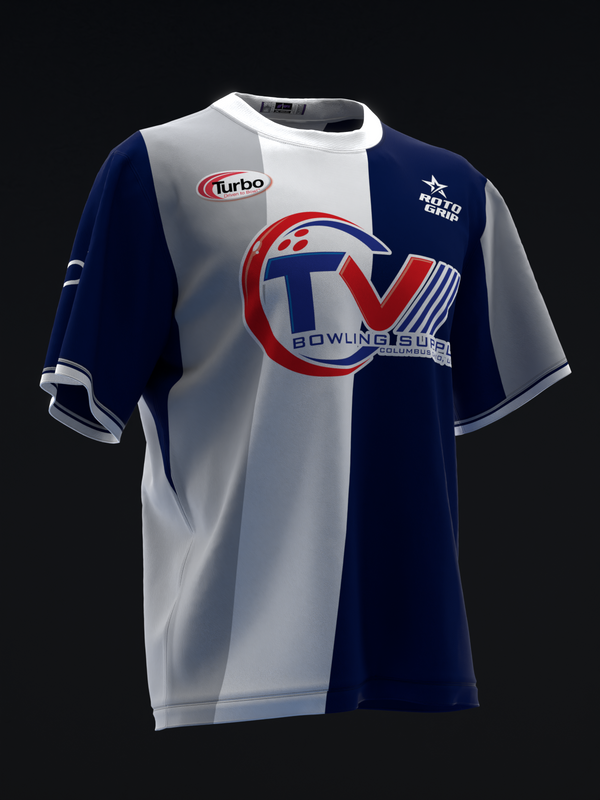 Navy and white bowling jersey with red and blue circular logo on front