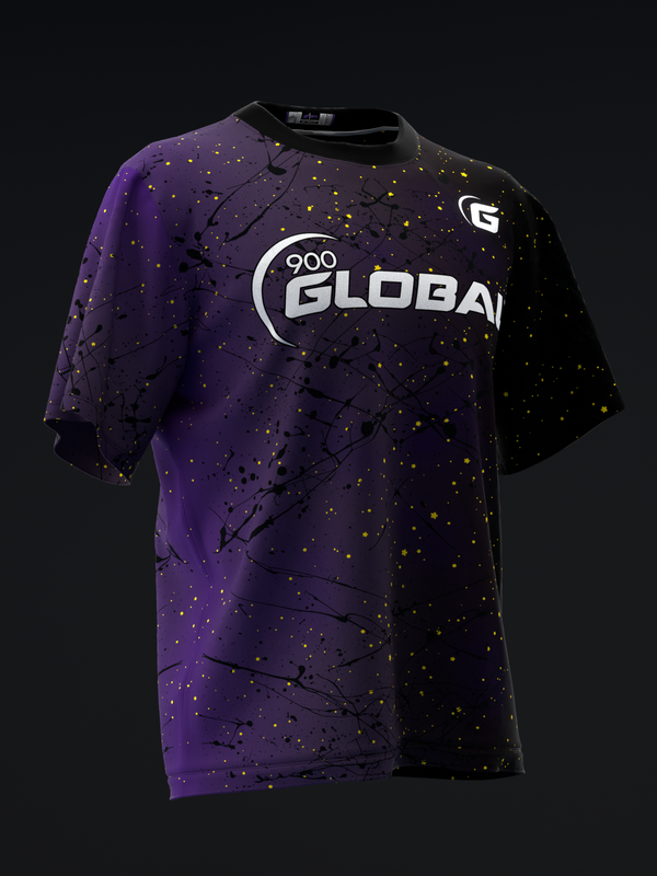 Purple and black bowling jersey with 900 Global logo and gold spatter pattern