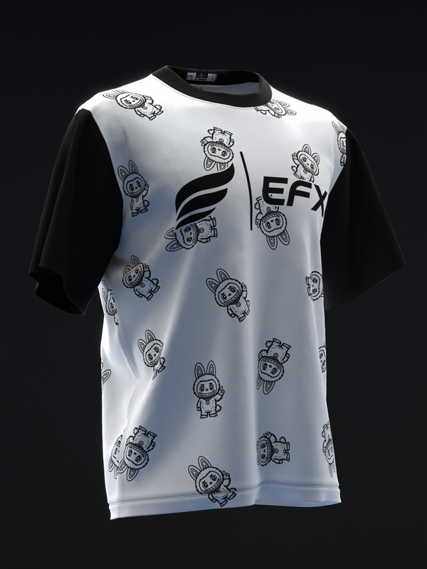 White bowling jersey with black sleeves and repeating character graphic pattern