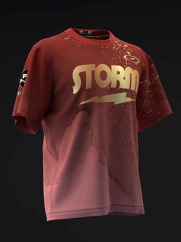 Burgundy bowling jersey with gold Storm logo and splatter effect design