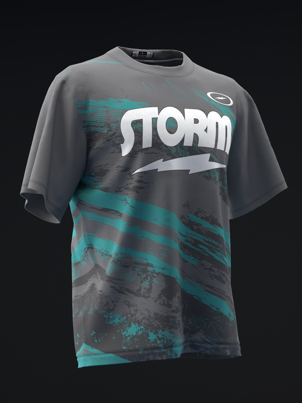 Gray bowling jersey with turquoise striped design and white Storm logo front view