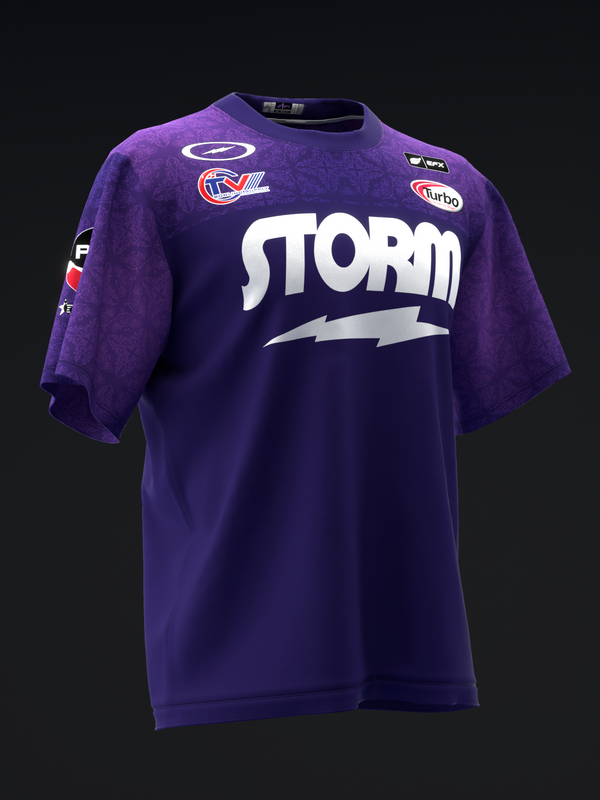 Purple bowling jersey with white Storm logo and sponsor patches on front