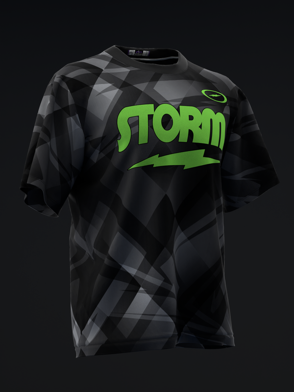 Black bowling jersey with gray plaid pattern and green Storm logo