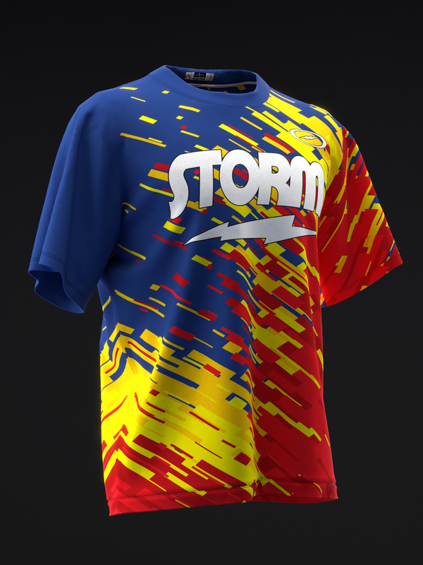 Blue, yellow, and red bowling jersey with Storm logo and dynamic streak pattern