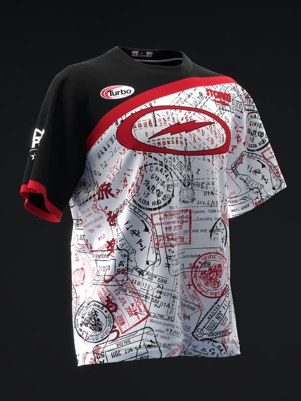Black and white bowling jersey with red Turbo logo and stamp design graphics