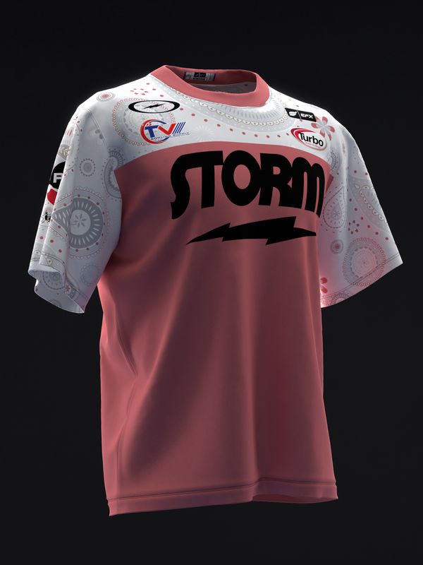 Pink and white bowling jersey with black Storm logo and geometric pattern details