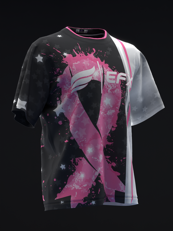 Black and white bowling jersey with pink splash graphic and stars design