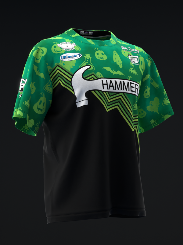 Green and black bowling jersey with hammer graphic and Halloween-themed pattern, front view