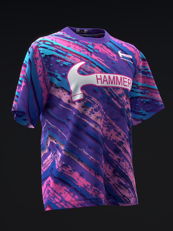 Purple bowling jersey with pink and cyan abstract streaked pattern and Hammer logo