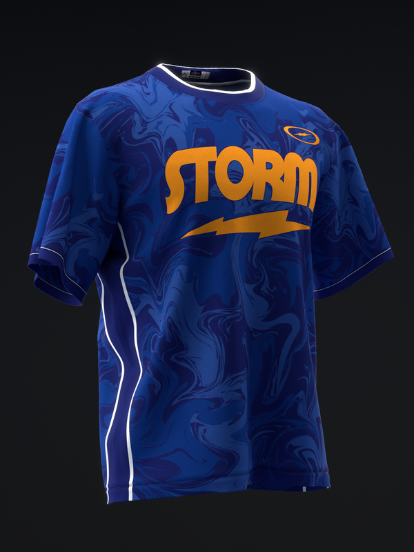 Blue bowling jersey with Storm logo and abstract marble pattern design