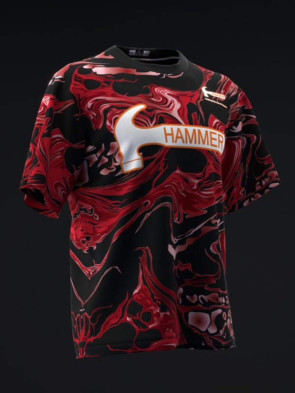 Black bowling jersey with red and white liquid swirl pattern and Hammer logo