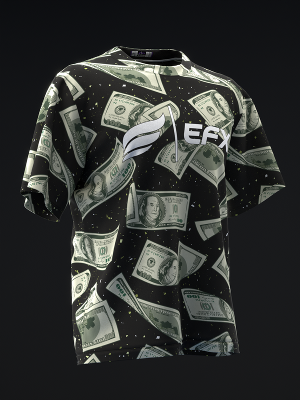 Black bowling jersey with all-over dollar bill and money graphic print, front view