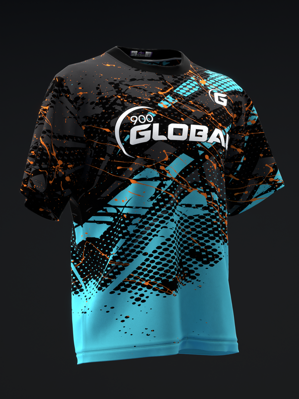 Black and cyan bowling jersey with splatter and geometric pattern design, front view