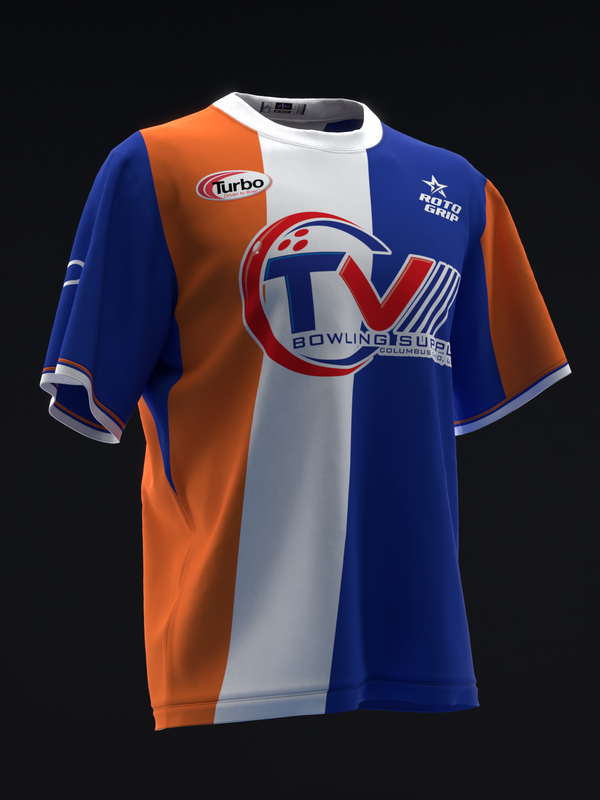Bowling jersey with blue, orange, and white vertical stripes and TV logo