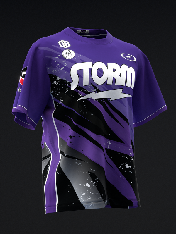 Purple bowling jersey with Storm logo and black lightning bolt graphic design