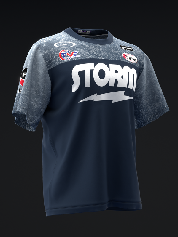 Navy bowling jersey with gray textured sleeves and Storm white text logo