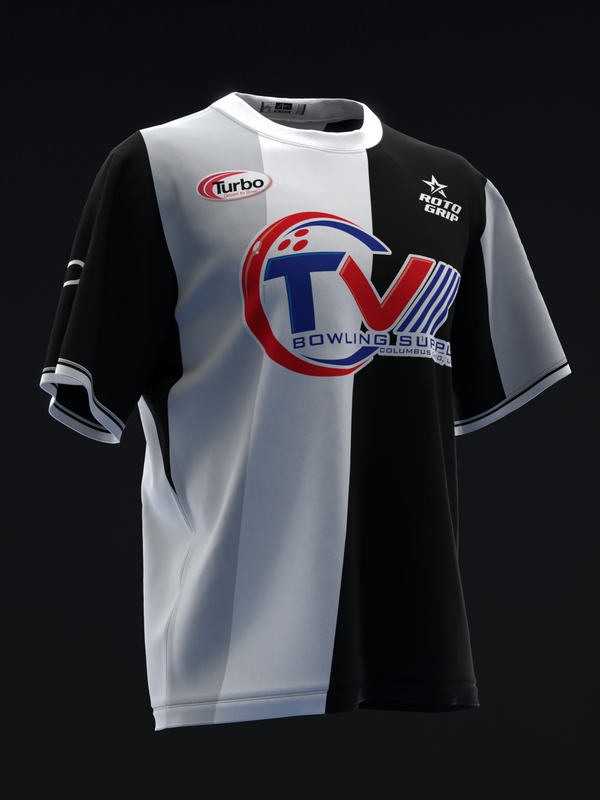 Black and white bowling jersey with red and blue TV logo graphic on front