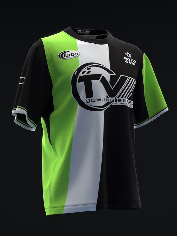 Bowling jersey with neon green, black, and white color blocking and graphic logo